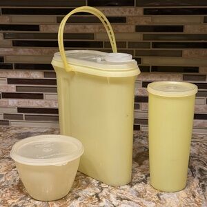 Vintage Tupperware Pastel Yellow 2 Qt Pitcher, 16 oz Tumbler, and Bowl w/lids